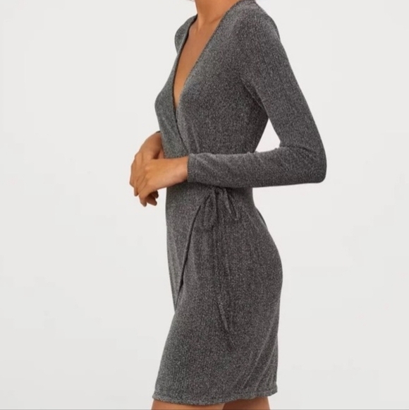 NWT H&M Divided Black With Silver Sparkles Wrap Tie Short Dress Size Med Ret $25 - Picture 2 of 11